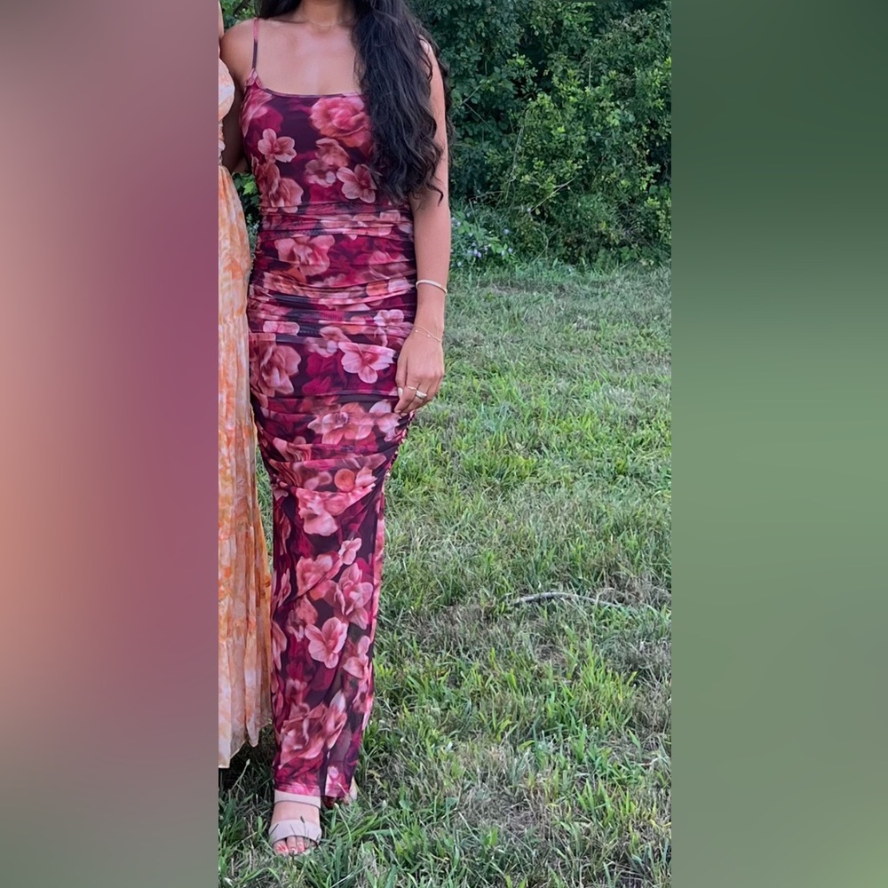 RUNAWAY THE LABEL SACHA MESH MIDI DRESS IN WINE BURGUNDY PURPLE FLORAL